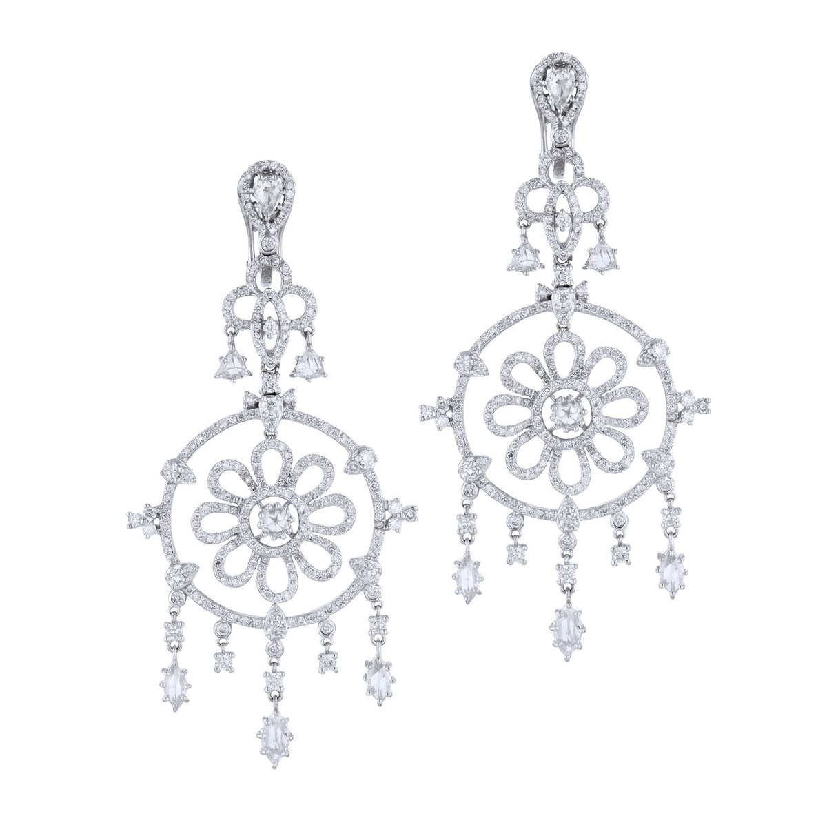 18K White Gold Diamond Pave Chandelier Estate Earrings Earrings Estate & Vintage