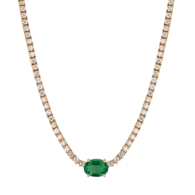 18K Yellow Gold Oval Zambian Emerald Center Diamond Tennis Necklace Necklaces H&H Jewels