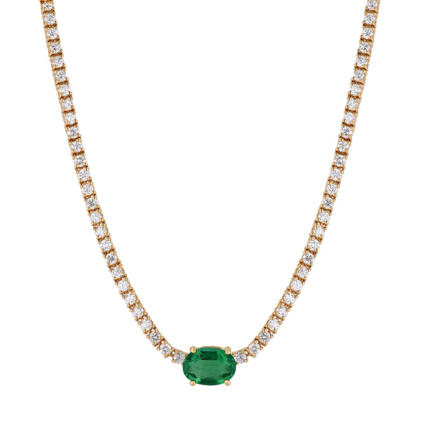 18K Yellow Gold Oval Zambian Emerald Center Diamond Tennis Necklace Necklaces H&H Jewels