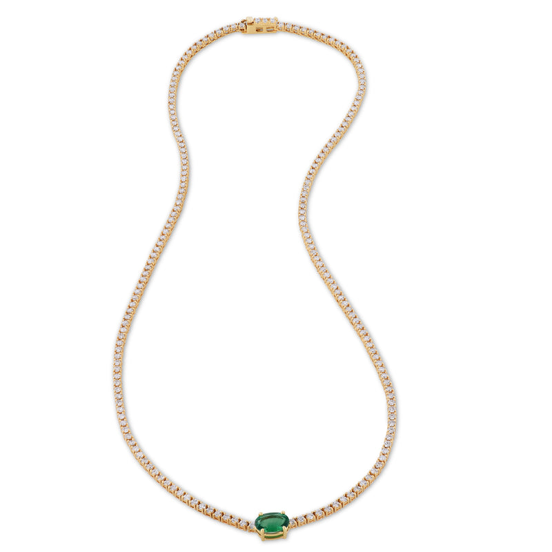 18K Yellow Gold Oval Zambian Emerald Center Diamond Tennis Necklace Necklaces H&H Jewels