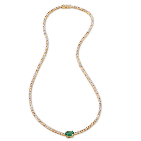 18K Yellow Gold Oval Zambian Emerald Center Diamond Tennis Necklace Necklaces H&H Jewels