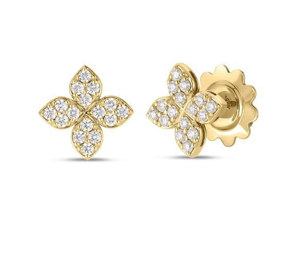 18kt Yellow Gold Pave Diamond Love in Verona Flower Stud Earrings Earrings Roberto Coin