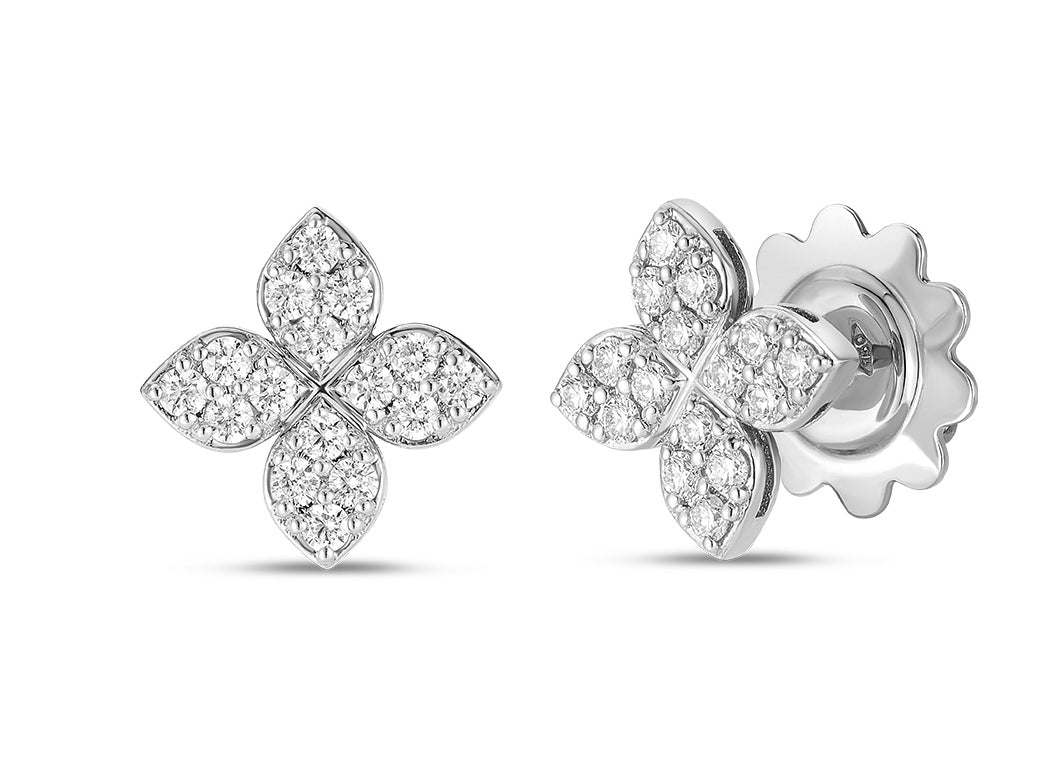 18kt White Gold Pave Diamond Love in Verona Flower Stud Earrings Earrings Roberto Coin