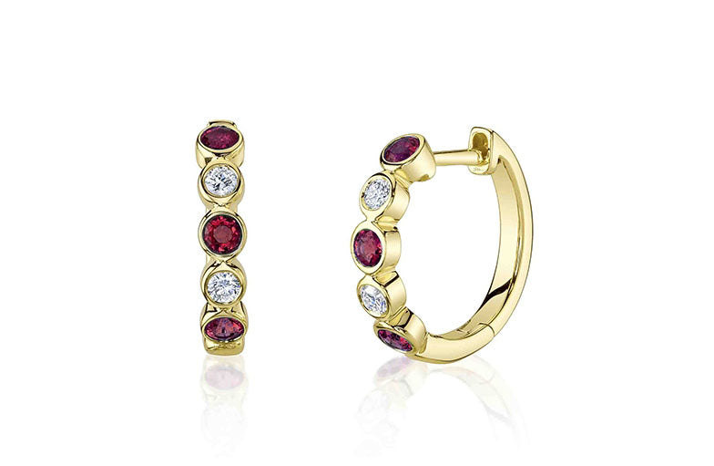 14kt Yellow Gold Diamond Ruby Bezel Huggie Earrings Earrings Shy Creation