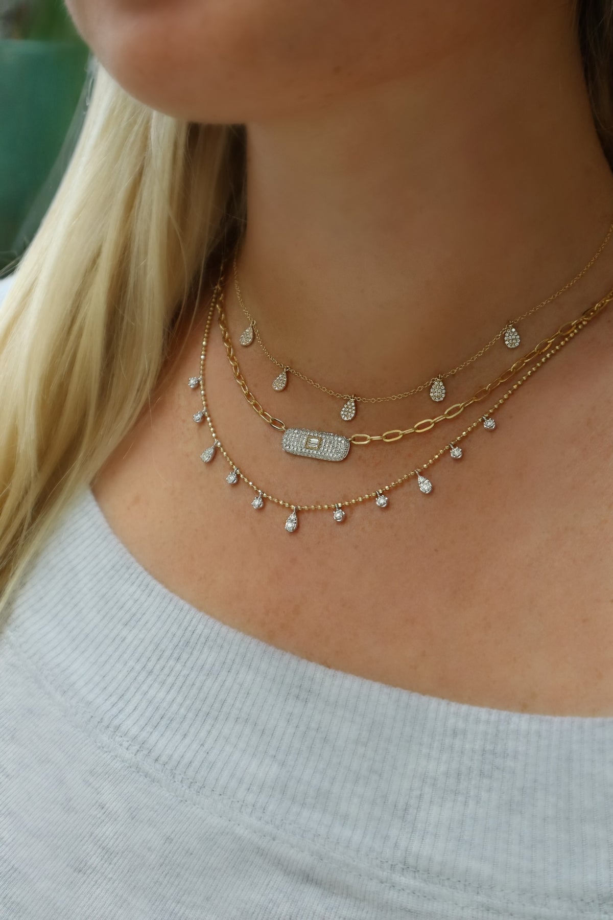 14kt. White gold & yellow gold Diamond pave and diamond Baguette Necklace on a paper clip link chain / 0.61ct TW Diamond Pave - Alternate View 1