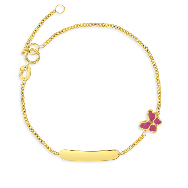 14K Yellow Gold Engravable Pink Butterfly Baby & Toddler ID Bracelet Bracelets Curated by H