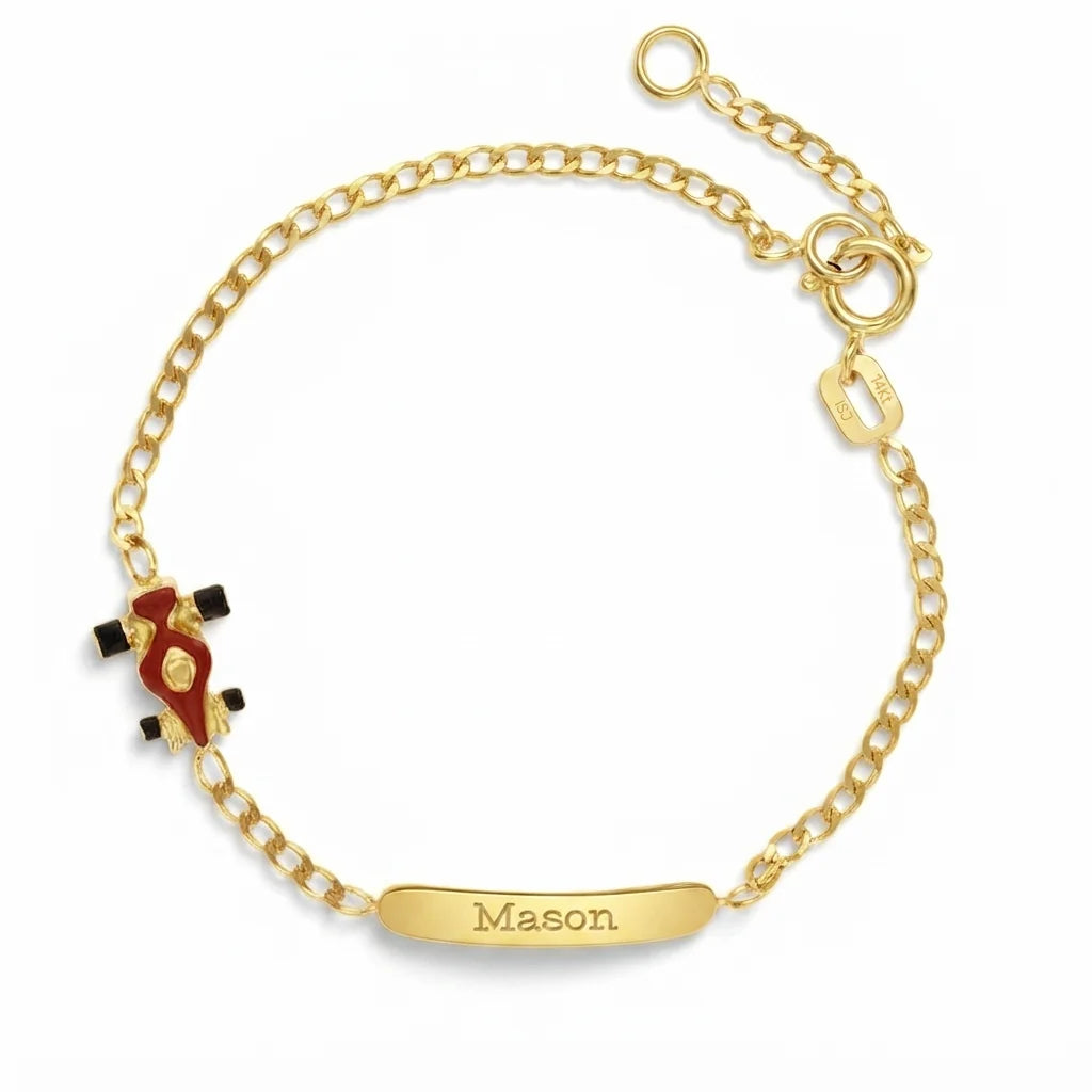 14K Yellow Gold Engravable Red Race Car Baby & Toddler ID Bracelet