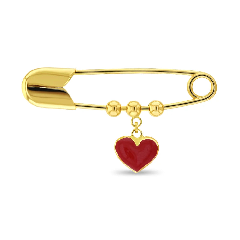 14K Yellow Gold Red Heart Charm Baby/Toddler Safety Pin Brooch