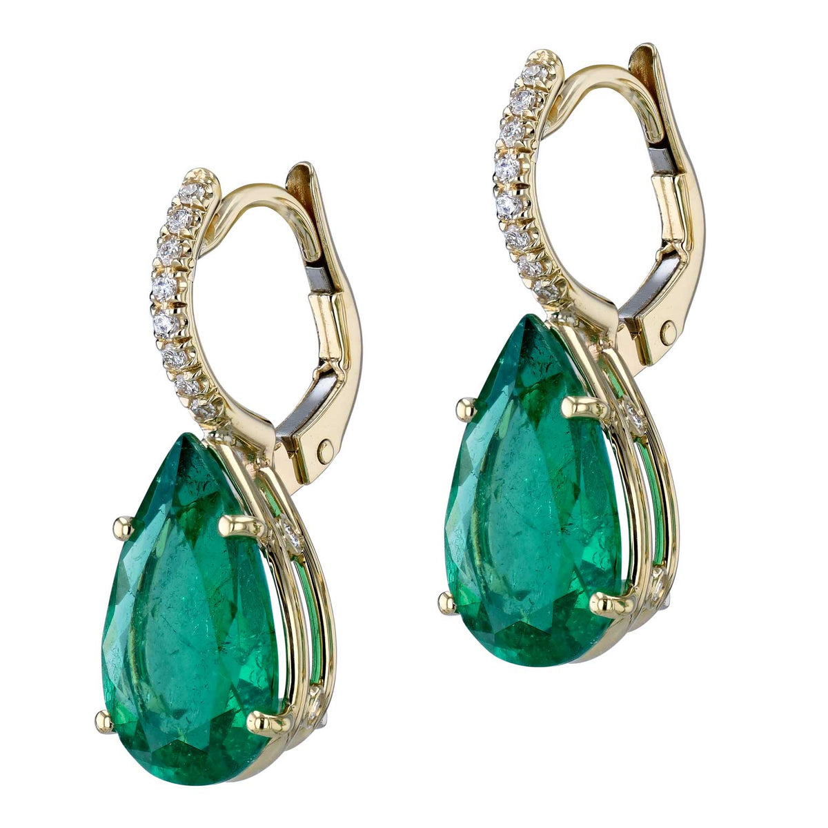 Colombian Minor Emerald Yellow Gold Diamond Pave Drop Earrings - Alternate View 1