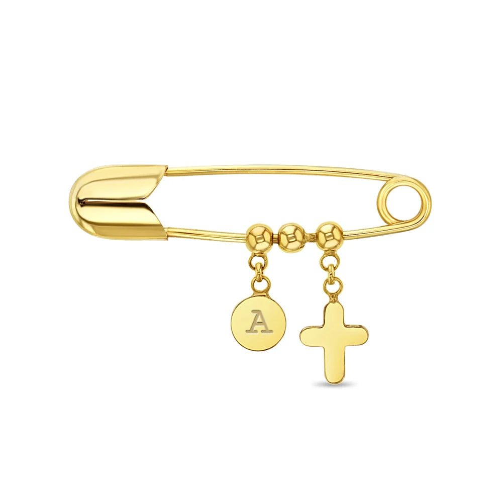 14K Yellow Gold Cross & Initial Baby & Toddler Safety Pin Brooch
