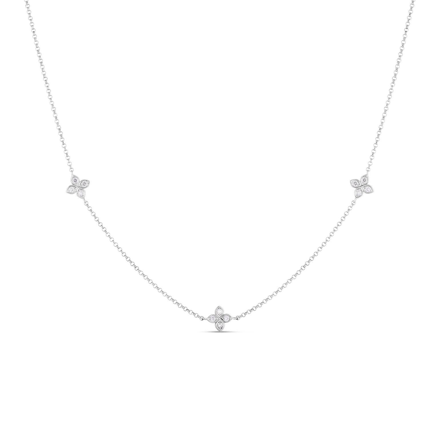 18kt White Gold 3 Station Diamond Flower Necklace Necklaces Roberto Coin