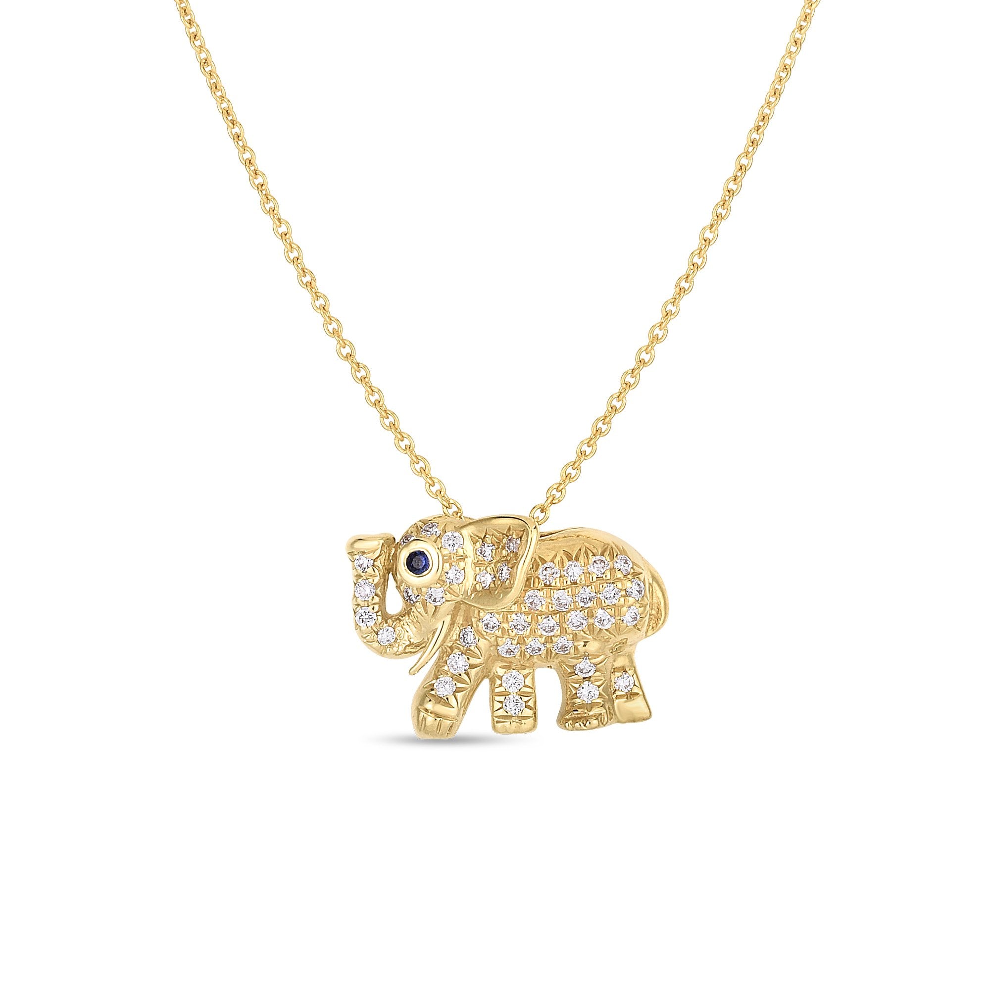 18K Yellow Gold Tiny Treasures Diamond Sapphire Elephant Pendant Necklace Necklaces Roberto Coin