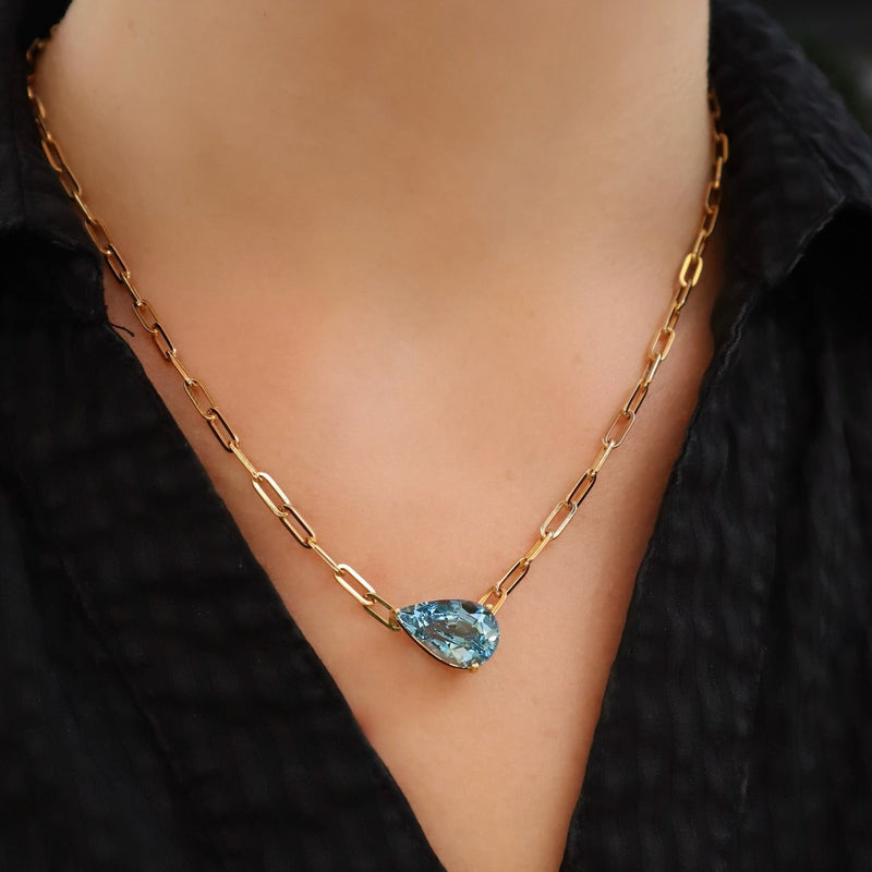 Aquamarine 18kt Yellow Gold Pendant Paperclip Necklace Necklaces H&H Jewels