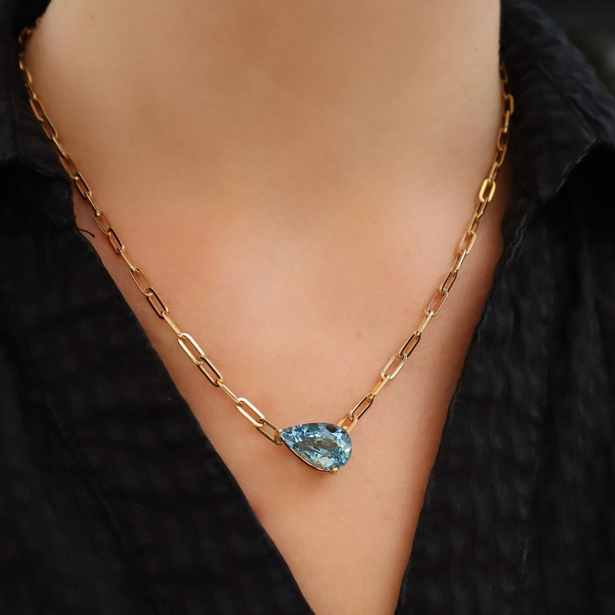 Aquamarine 18kt Yellow Gold Pendant Paperclip Necklace - Alternate View 1
