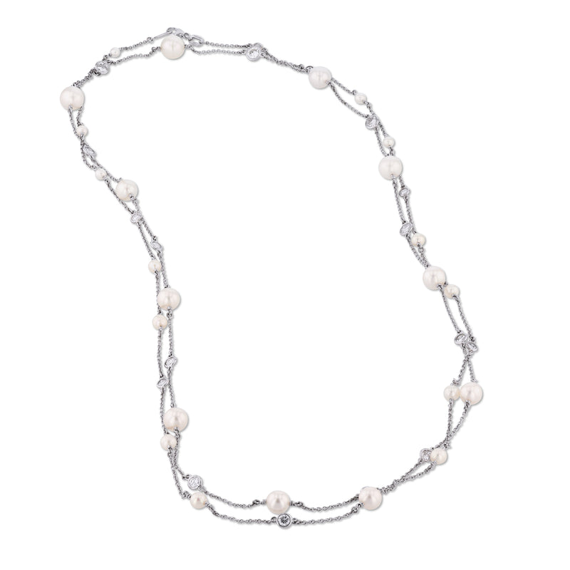 Akoya Pearl Platinum Bezel Set Diamond Necklace Necklaces H&H Jewels