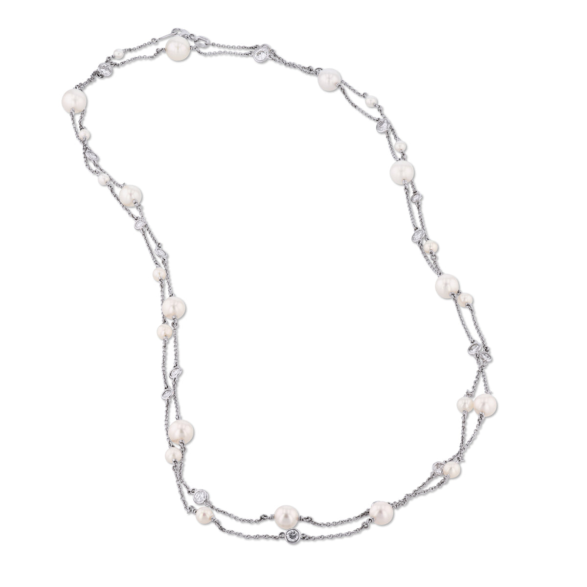 Akoya Pearl Platinum Bezel Set Diamond Necklace Necklaces H&H Jewels