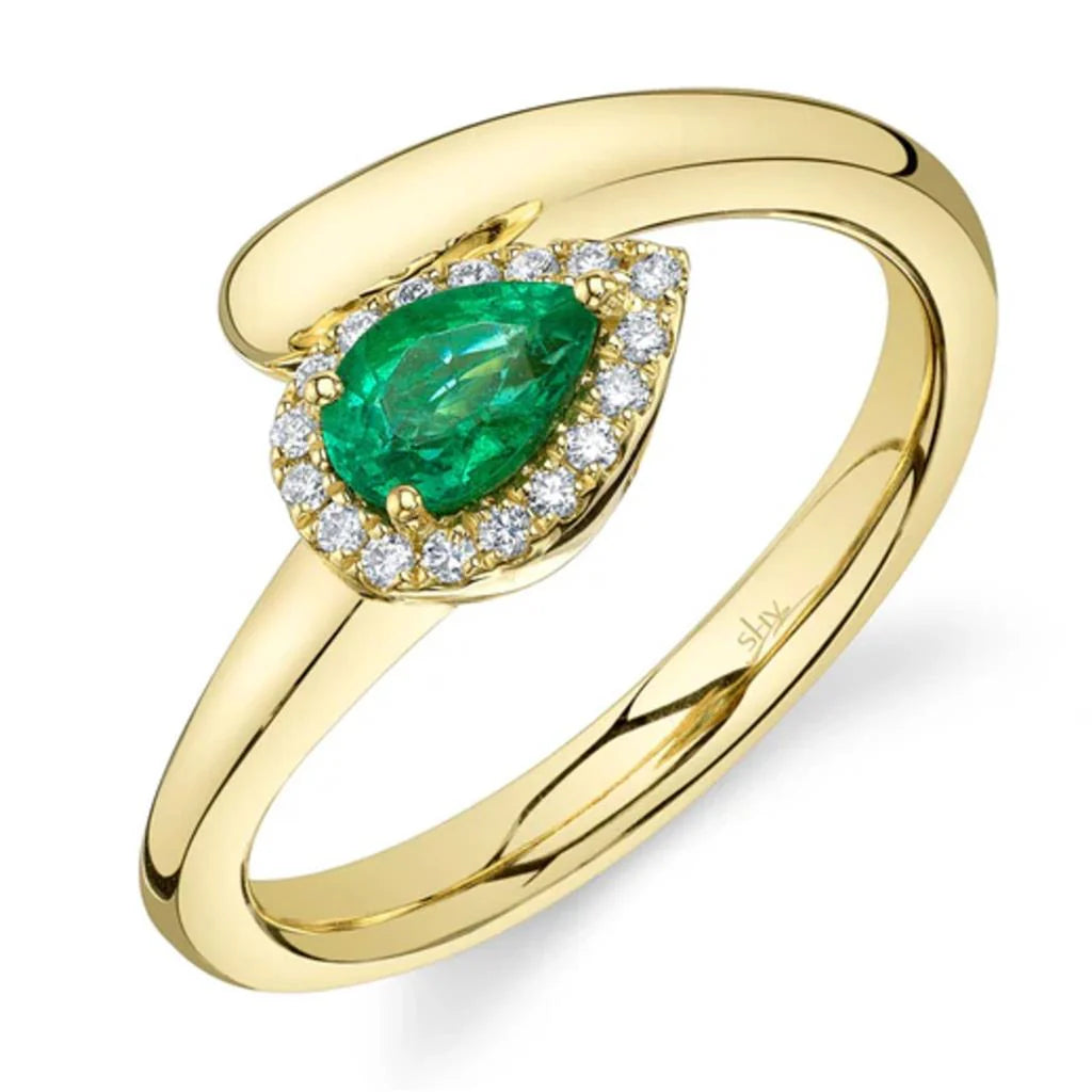 14kt Yellow Gold Emerald Pear Diamond Ring Rings Shy Creation