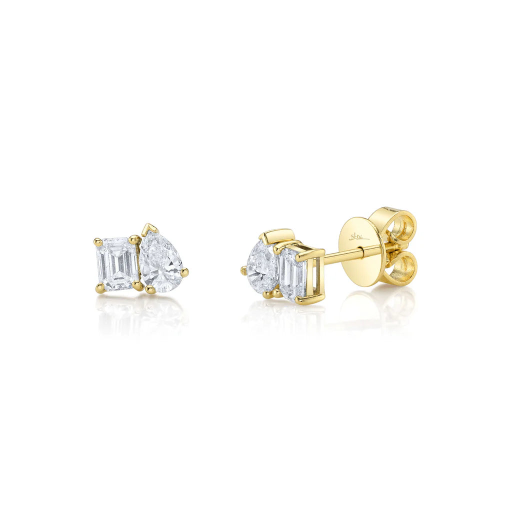 14kt Yellow Gold Emerald and Pear Shaped Diamond Stud Earrings Earrings Shy Creation