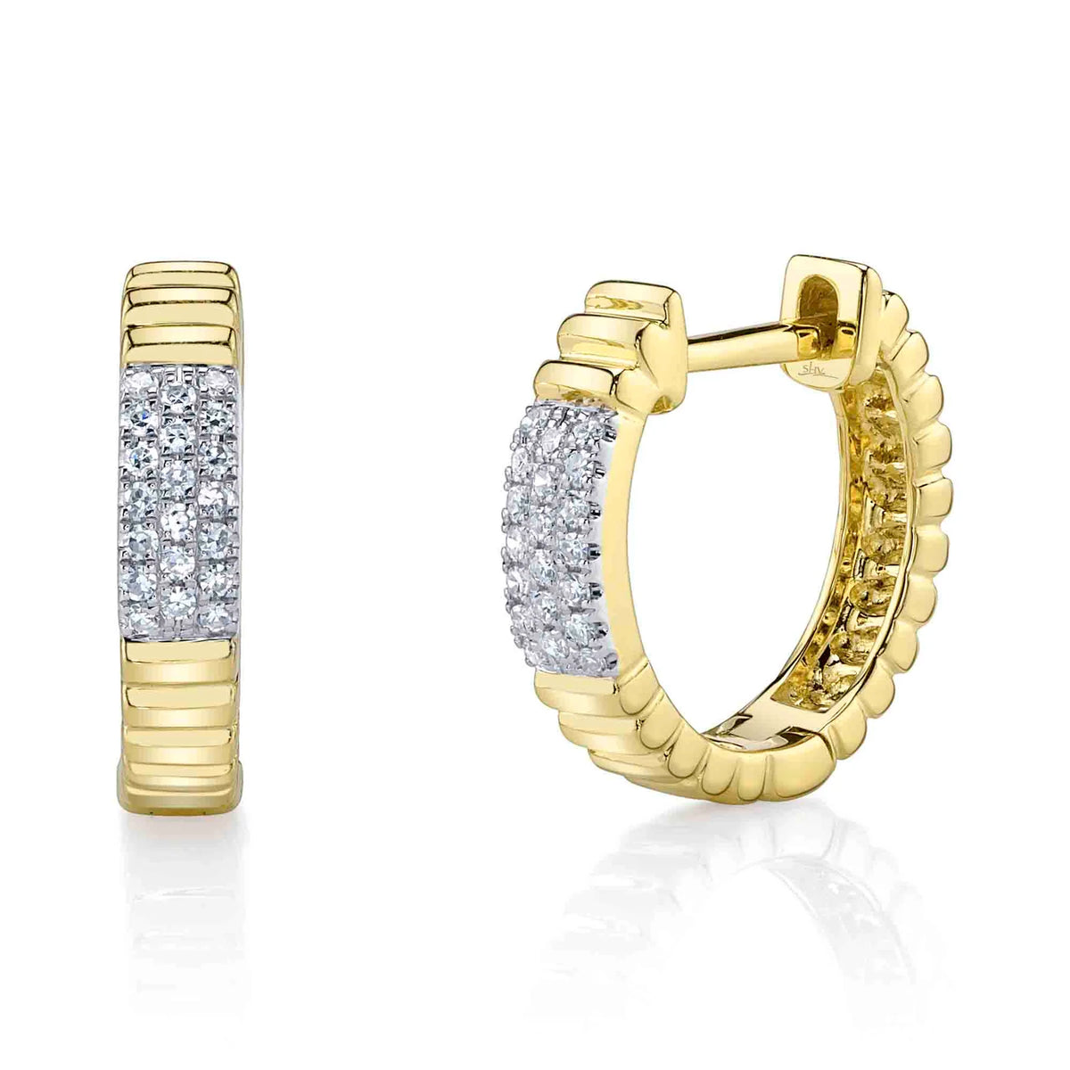 14K Yellow Gold Ribbed Diamond Pavé Huggie Hoop Earrings Earrings Shy Creation