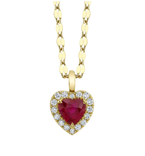 14K Yellow Gold Ruby Heart and Diamond Halo Pendant Necklace Necklaces Shy Creation