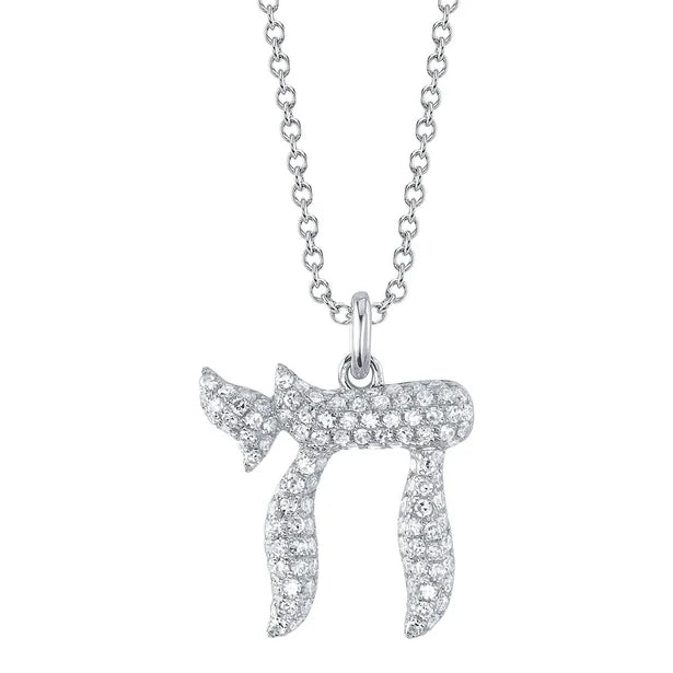 14K White Gold Diamond Pavé Chai Pendant Necklace Necklaces Shy Creation