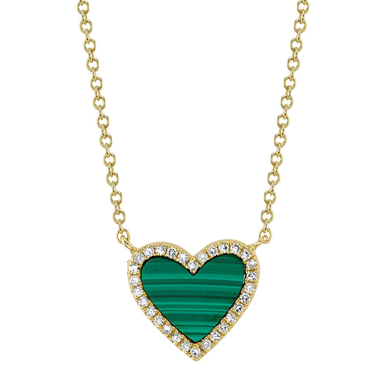 14K Yellow Gold Malachite Heart and Diamond Halo Necklace Necklaces Shy Creation