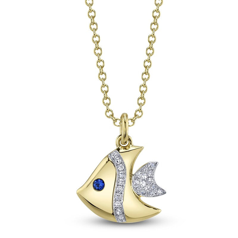 14K Yellow Gold Diamond and Blue Sapphire Fish Pendant Necklace Necklaces Shy Creation