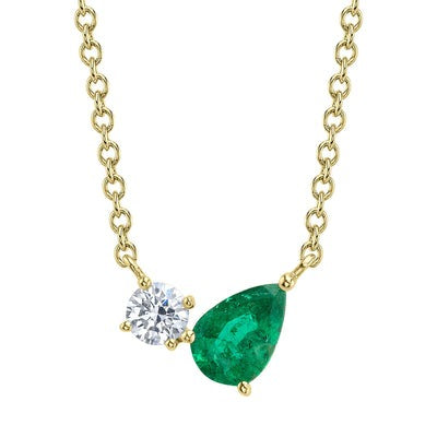 14K Yellow Gold Round Diamond and Pear Shaped Emerald Necklace Necklaces Shy Creation