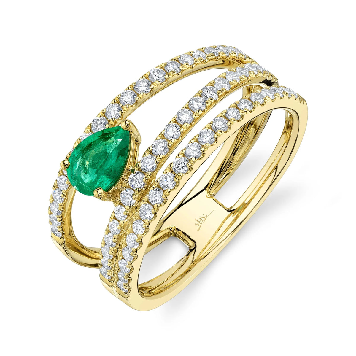 14K Yellow Gold Pear Shaped Emerald and Diamond Pavé Ring Rings Shy Creation