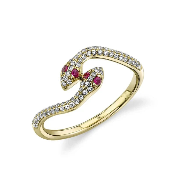 14kt Yellow Gold Diamond and Ruby Double Snake Ring Rings Shy Creation