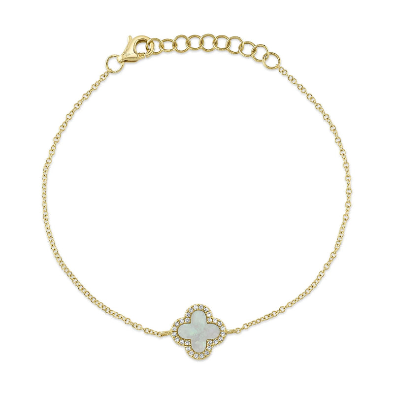 14K Yellow Gold Mother of Pearl Clover Diamond Pavé Bracelet Bracelets Shy Creation