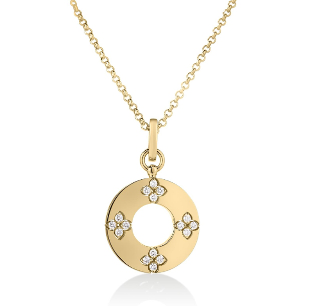 18kt Yellow Gold Diamond Love in Verona Flower Circle Pendant Necklace Necklaces Roberto Coin