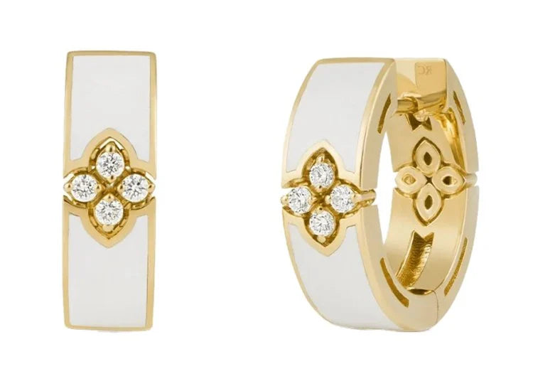 18k Yellow Gold Love in Verona White Enamel Diamond Hoops Earrings Roberto Coin