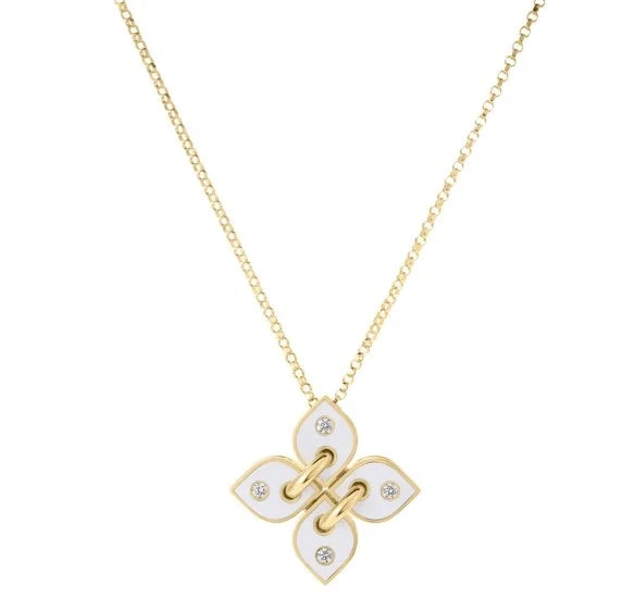18kt Yellow Gold White Enamel Diamond Venetian Princess Pendant Necklace Necklaces Roberto Coin