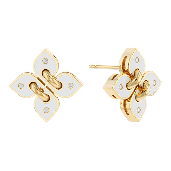 18k Yellow Gold Venetian Princess White Enamel Diamond Flower Stud Earrings Earrings Roberto Coin
