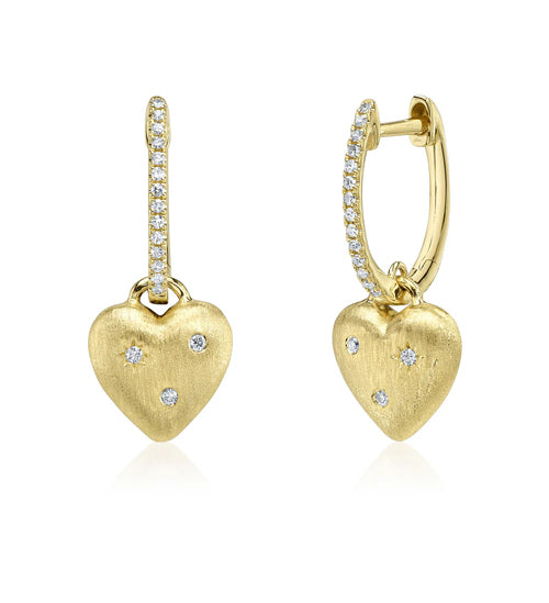 14K Yellow Gold Diamond Matte Heart Drop Huggie Earrings Earrings Shy Creation