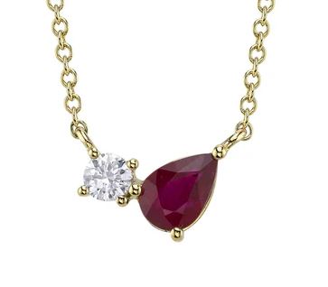 14K Yellow Gold Pear Ruby & Round Diamond Pendant Necklace Necklaces Shy Creation