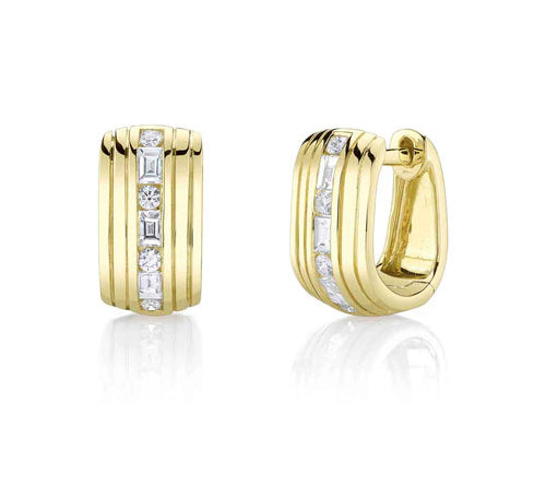14K Yellow Gold Diamond Ribbed Huggie Earrings