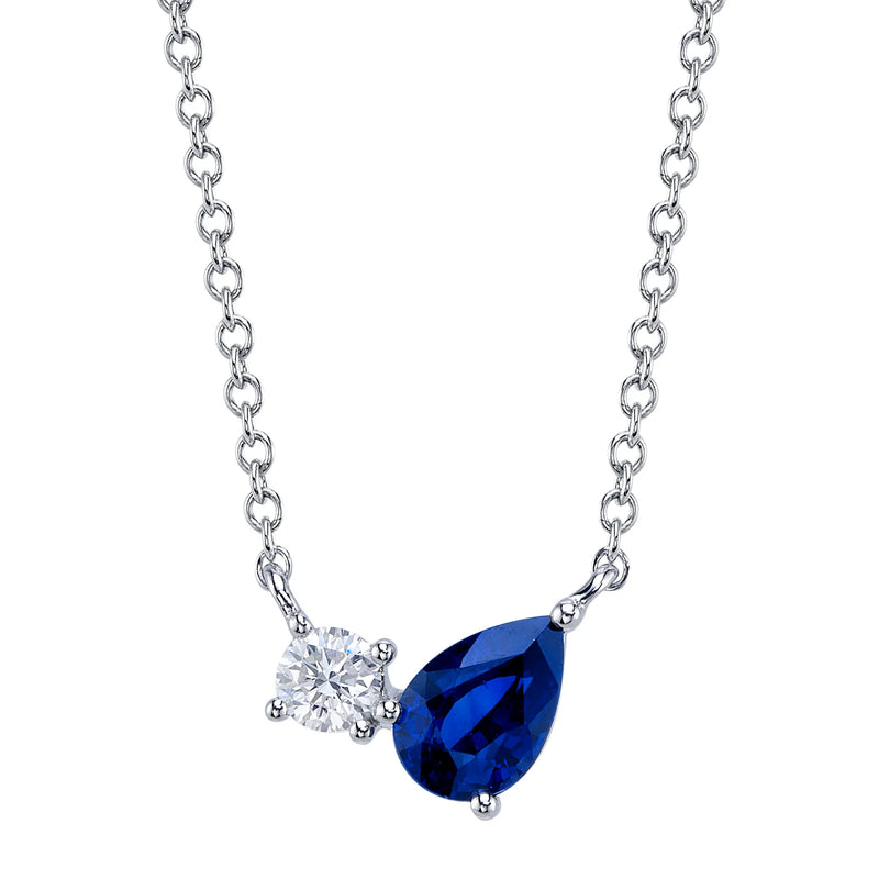 14K White Gold Pear Sapphire & Round Diamond Necklace