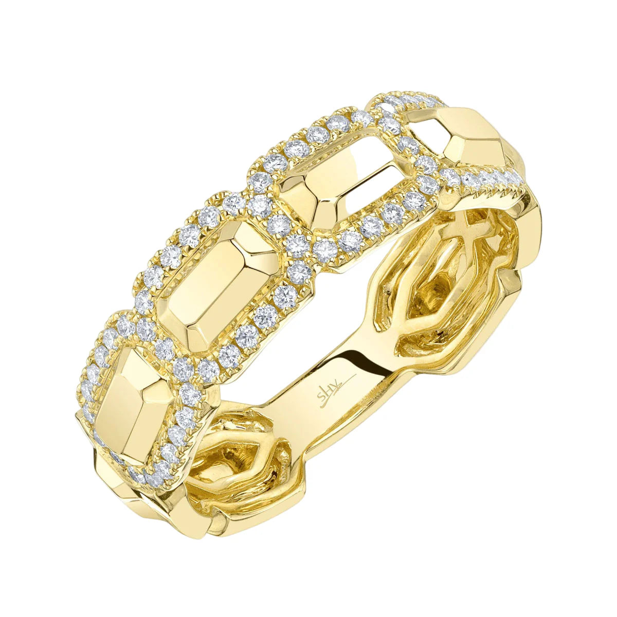 14K Yellow Gold Diamond Pave Geometric Link Ring