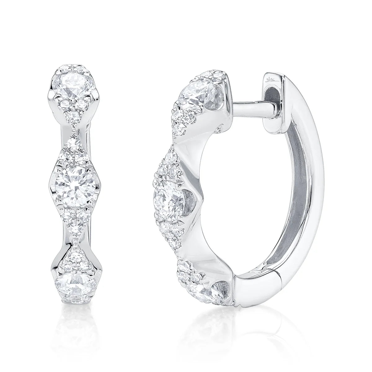 14K White Gold Diamond Marquise Huggie Earrings