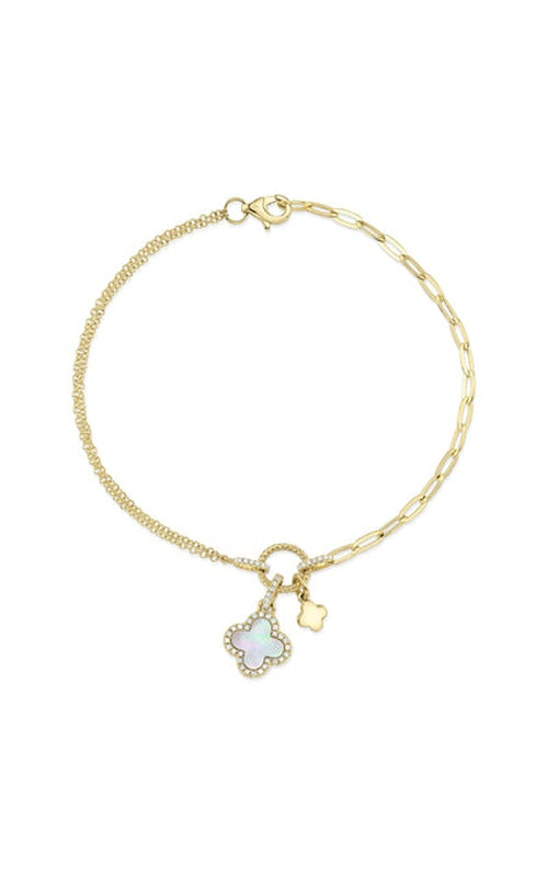 14K Yellow Gold Diamond Mother-of-Pearl Clover Charm Bracelet
