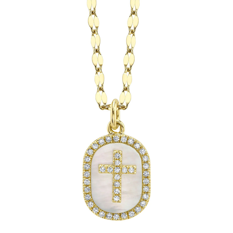 14K Yellow Gold Diamond Cross Mother-of-Pearl Medallion Necklace