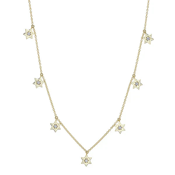 14K Yellow Gold Diamond Star of David Station Necklace