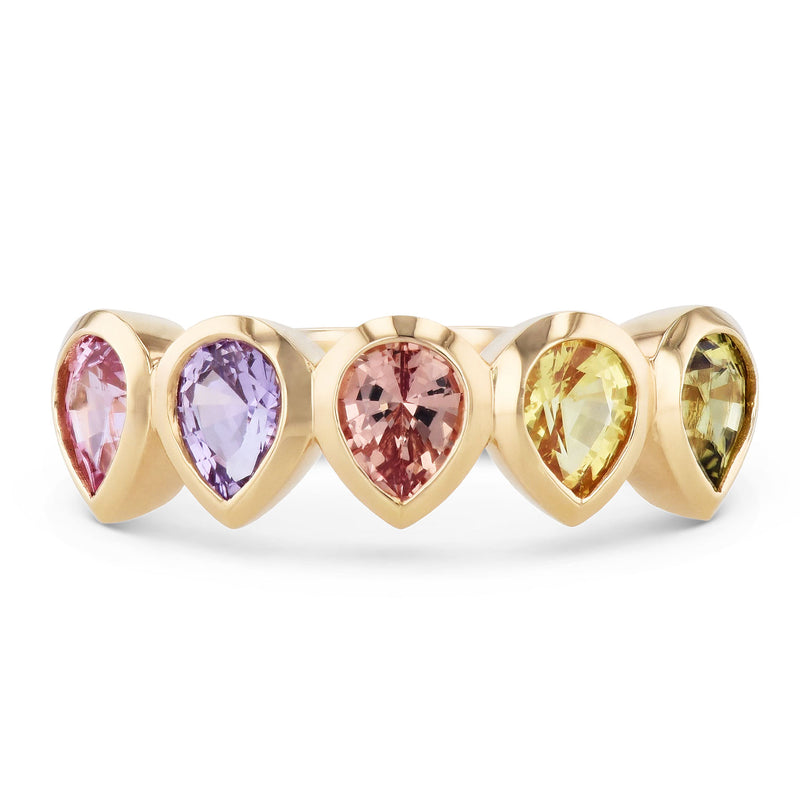 5 Pear Shape Multi Color Sapphire Yellow Gold Band Ring Rings H&H Jewels