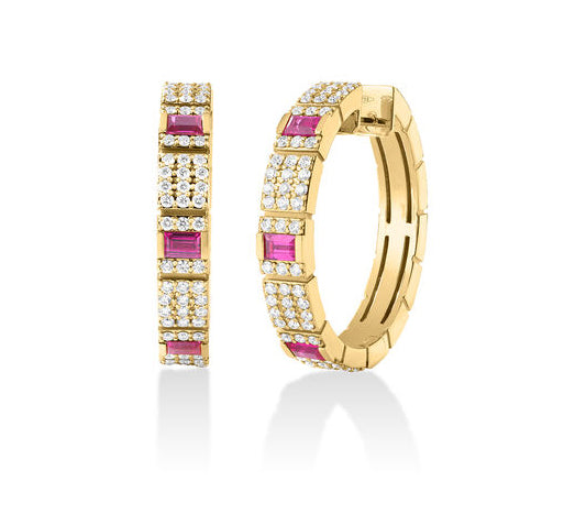 18k Yellow Gold Oblsco Diamond and Ruby Hoops Earrings Roberto Coin