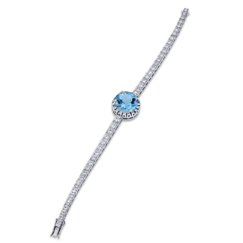 18K White Gold Brazilian Aquamarine Center Diamond Tennis Bracelet Bracelets Estate & Vintage