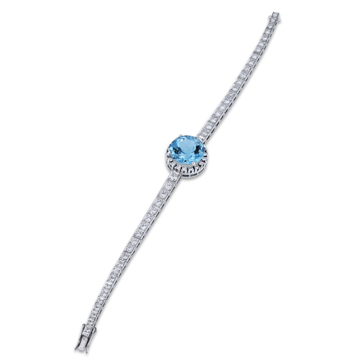 18K White Gold Brazilian Aquamarine Center Diamond Tennis Bracelet - Alternate View 1
