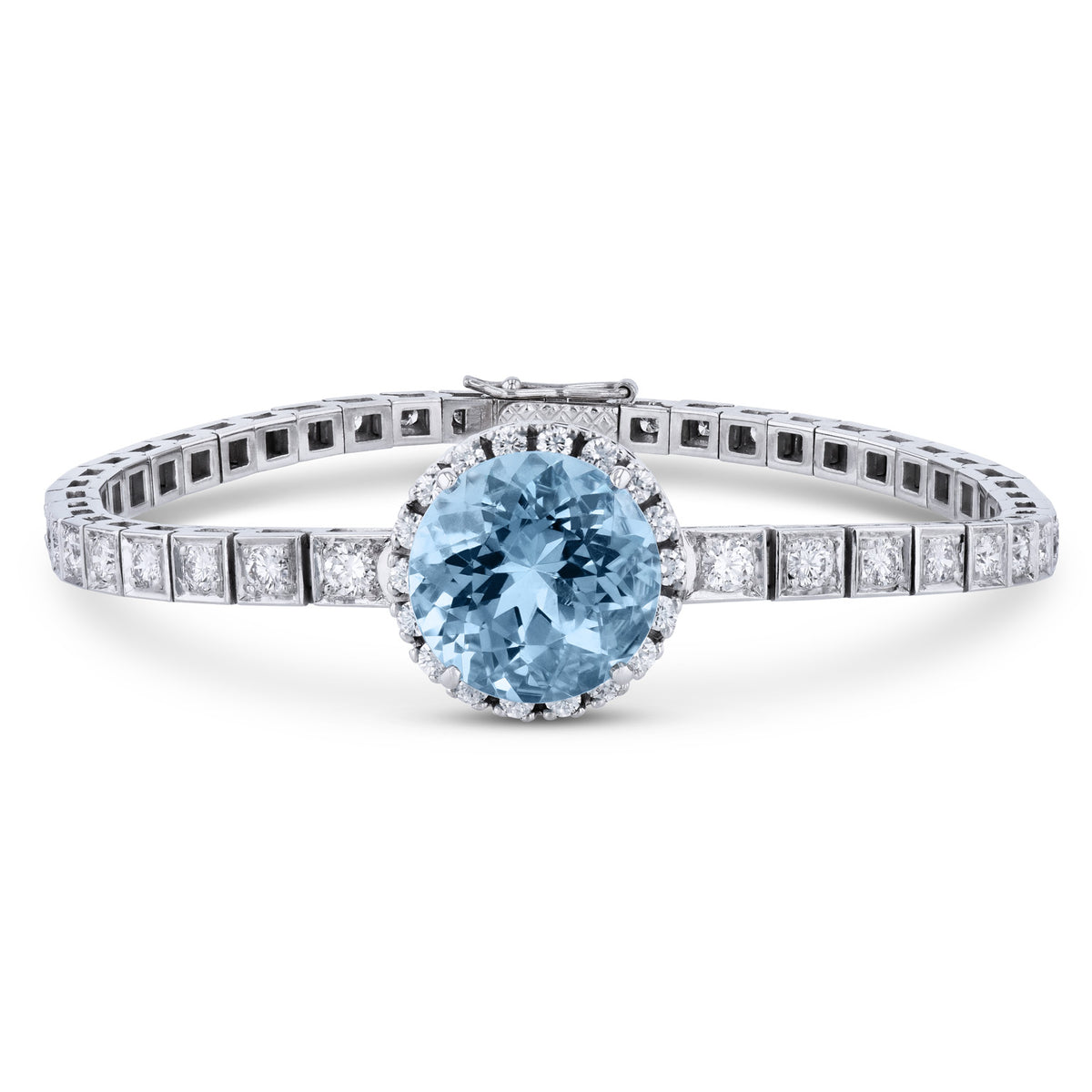 18K White Gold Brazilian Aquamarine Center Diamond Tennis Bracelet Bracelets Estate & Vintage