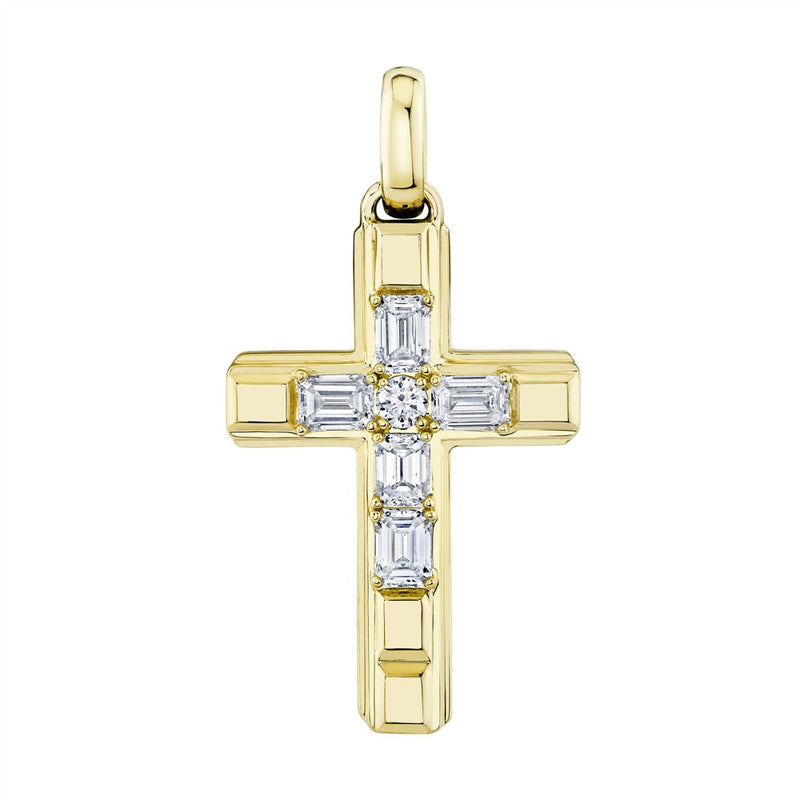 14K Yellow Gold Emerald-Cut Diamond Cross Pendant